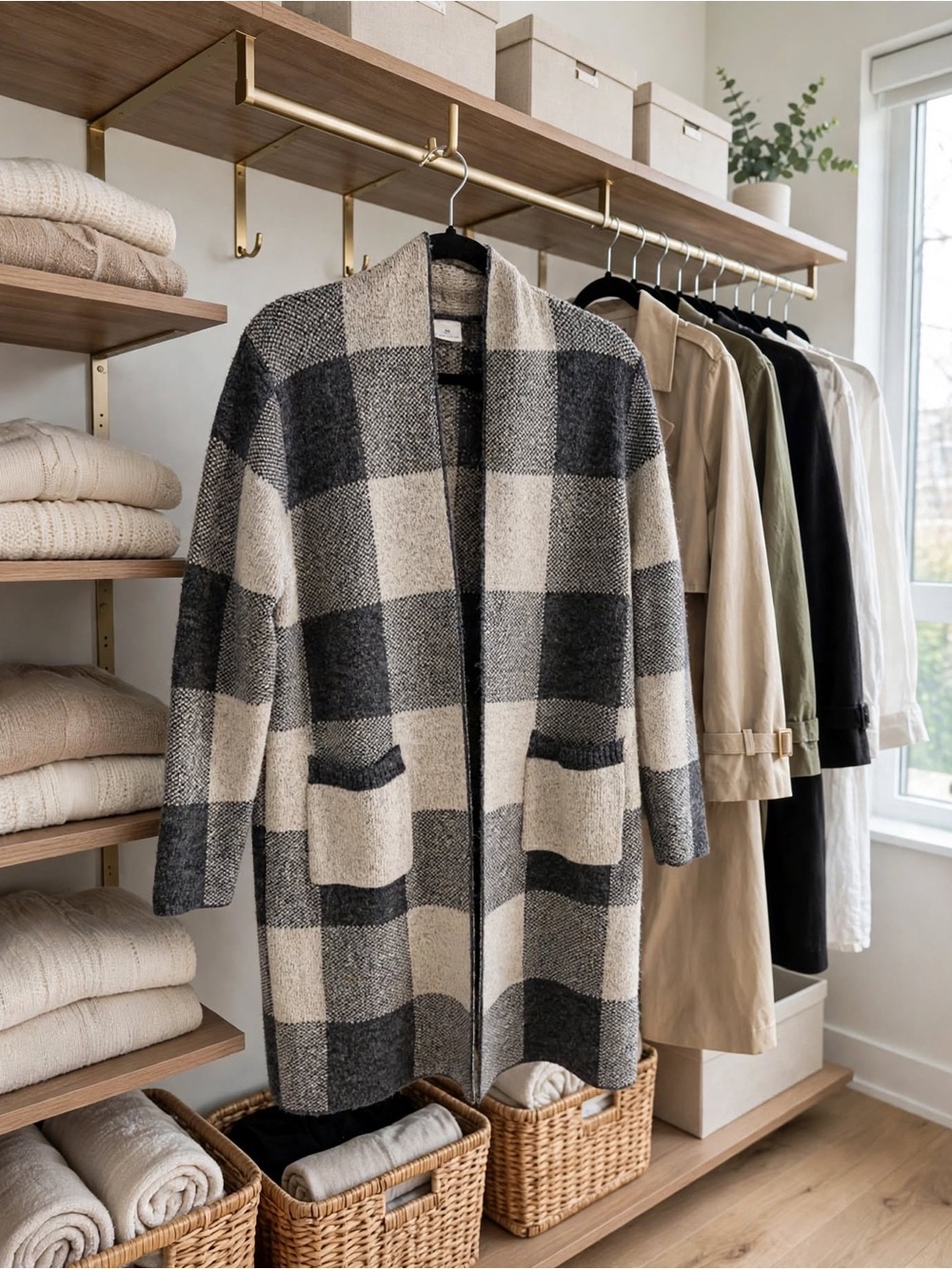 NWOT Plaid Hooded Open-Front Coatigan